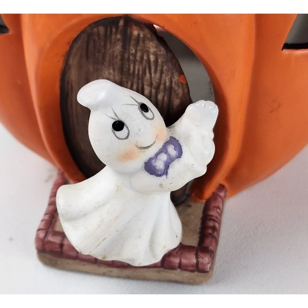 Vintage Halloween Ceramic Pumpkin and Ghost Tea Light Votive‎ Candle Holder